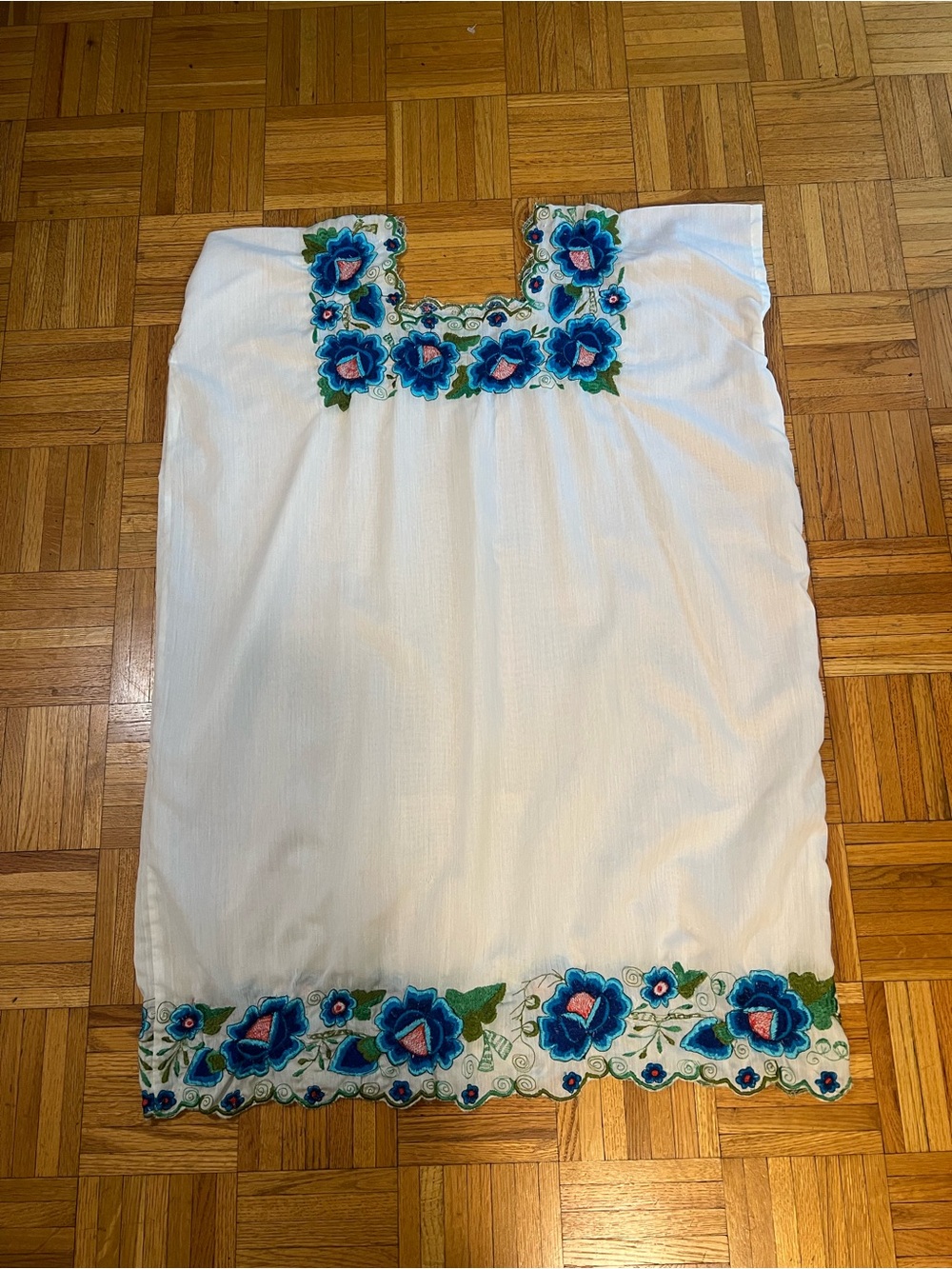 Beach to Daywear White Dress with Blue & Teal Floral Embroidery